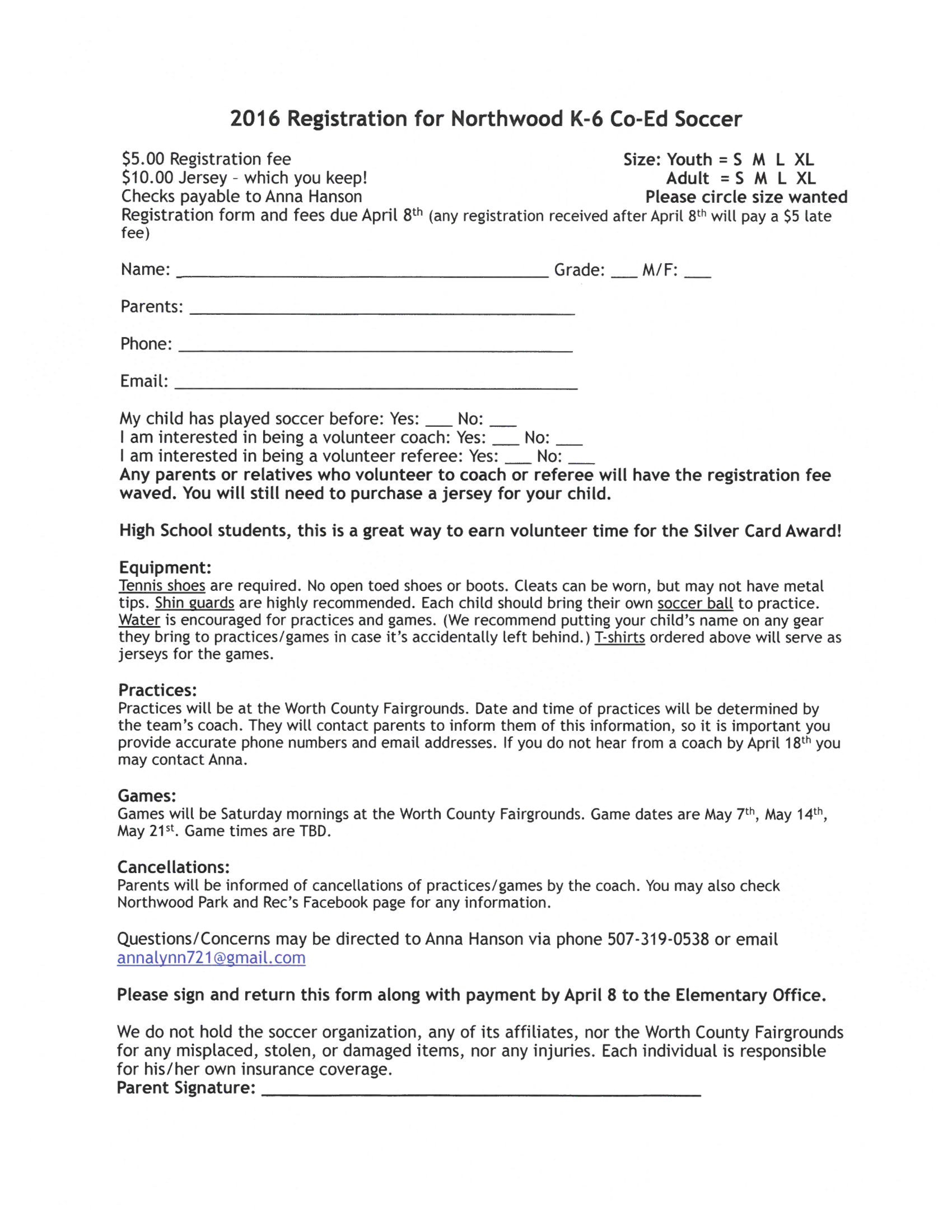 northwood kensett 2016 k 6 co ed soccer registration soccer registration form