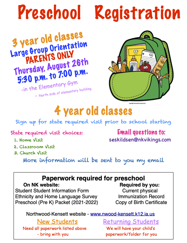 Preview image of Preschool Registration Flyer 21-22. Email questions to: seskildsen@nkvikings.com