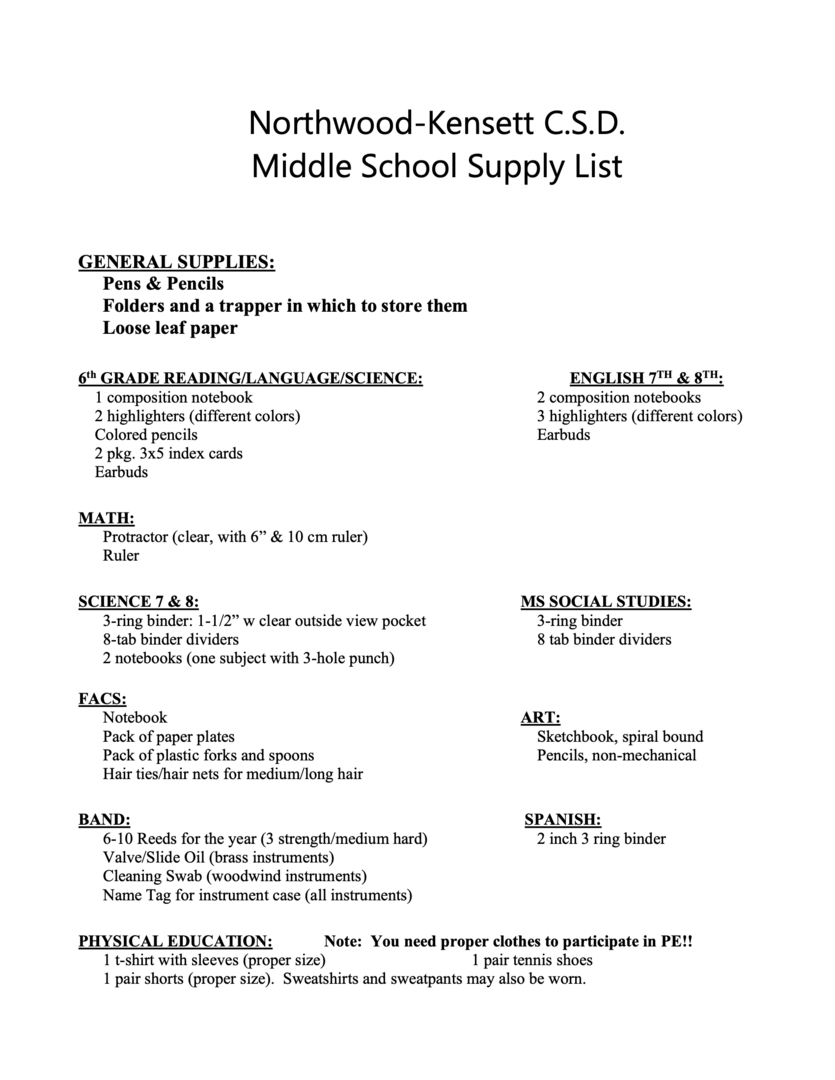 School Supply List - MS (PDF) preview image