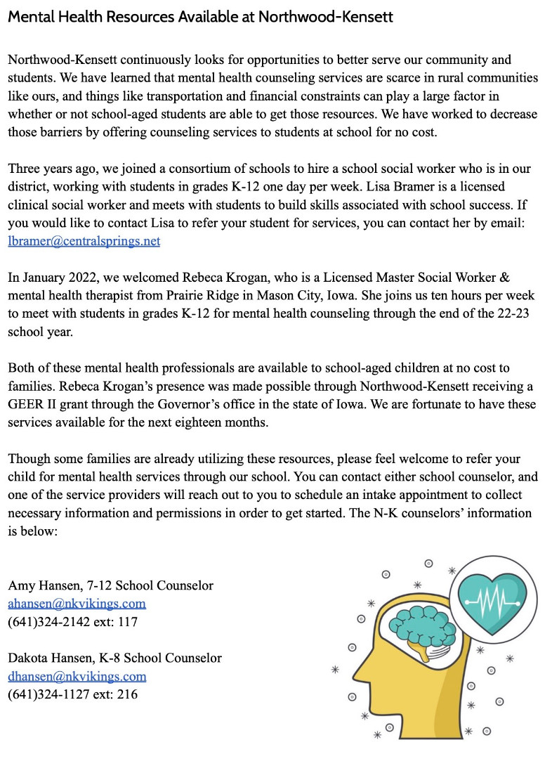 Northwood-Kensett - Mental Health Resources @ N-K